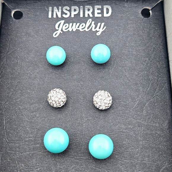 3 Pair Stud Earrings Gift Set Aqua Blue & Silver Crystal Sparkle Simple Posts - Picture 2 of 4